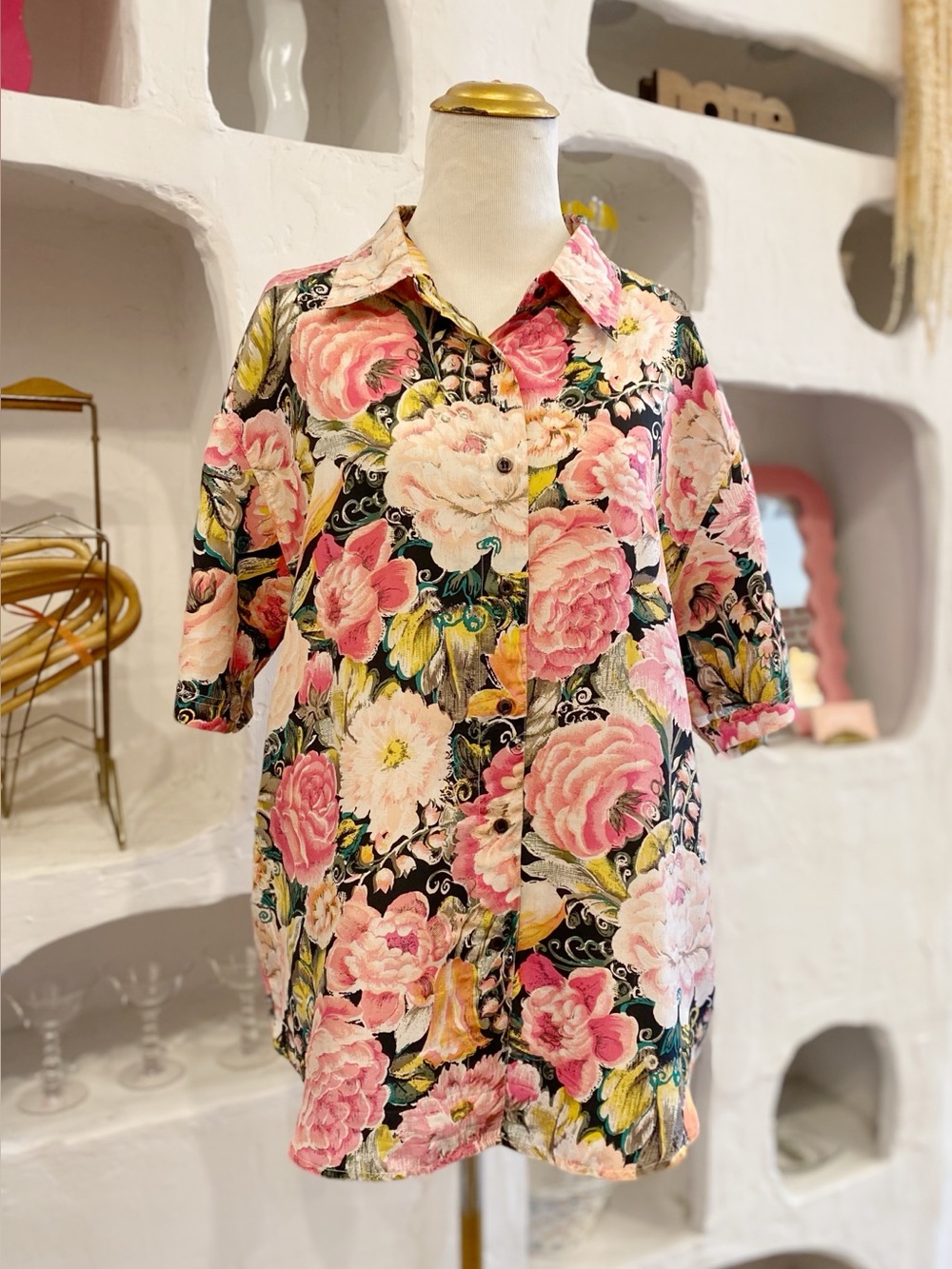 Vintage Multicolour Silk Floral Button Up with Short Sleeves & Shoulder Pads